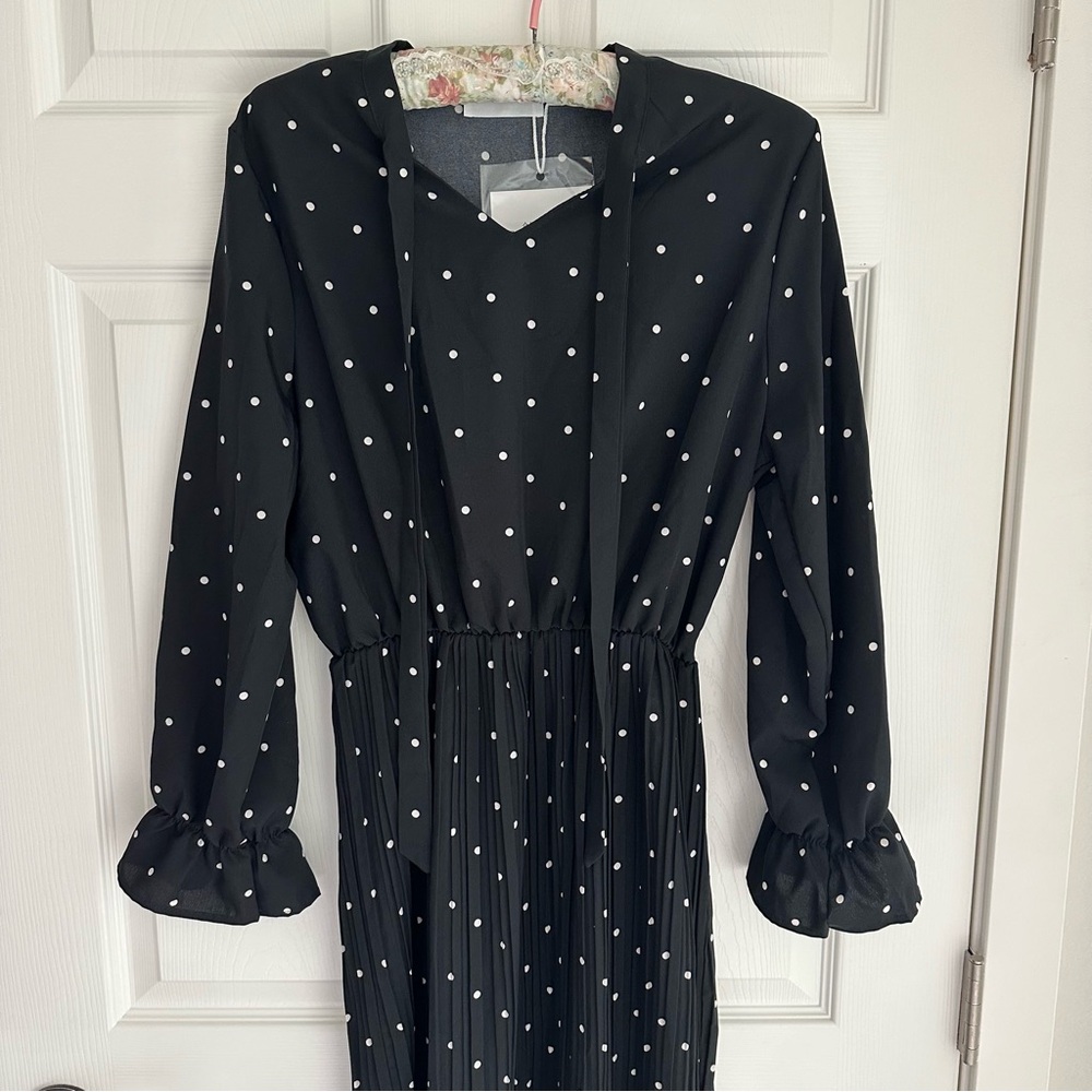 NWT Black and white polka dot dress with long sleeves and pleated skirt